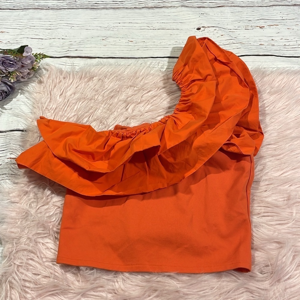 One-Shoulder Ruffle Crop Top - Orange - Picture 2 of 9